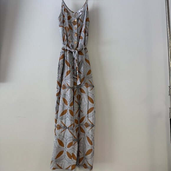 Tribal Tan & White Aspen Button-Front Tie-Waist Wide-Leg Jumpsuit - Picture 2 of 9
